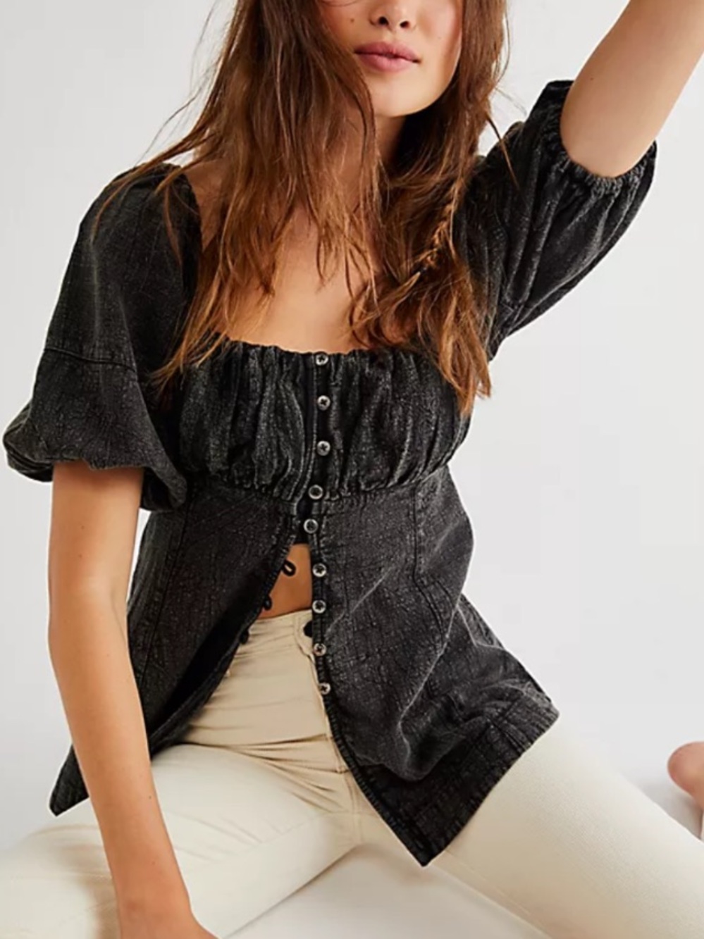 Free people wink my way cotton puff sleeve black acid wash top size small